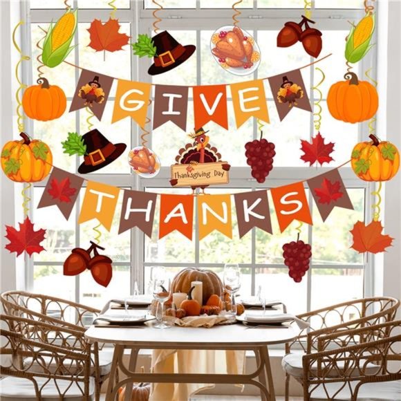 42Pcs Thanksgiving Decorations Pre-Assembled GIVE THANKS Banner Hanging Swirls - Picture 6 of 7